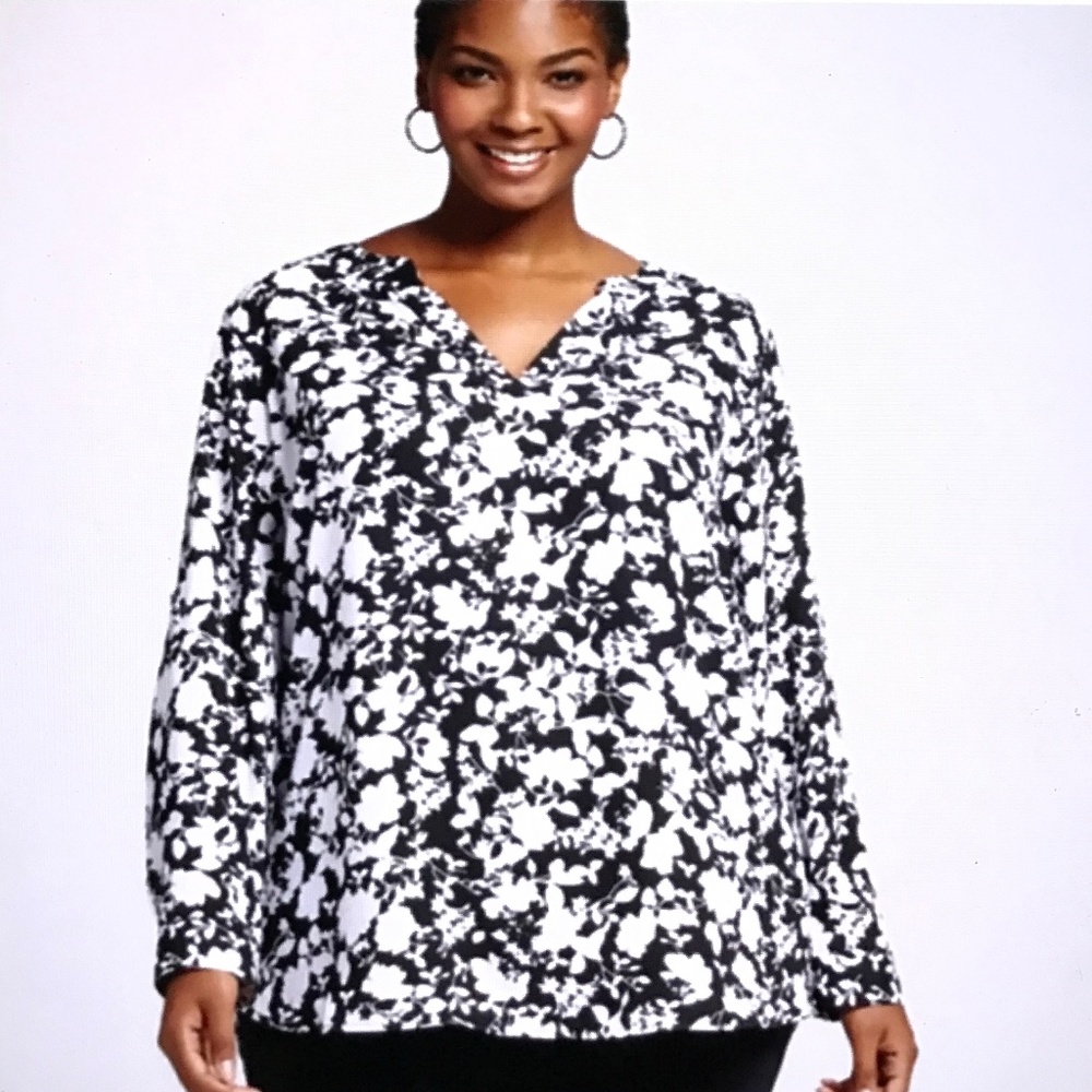 AVA & VIV Floral Long Sleeve Blouse Black and White Women’s Plus Size 2X